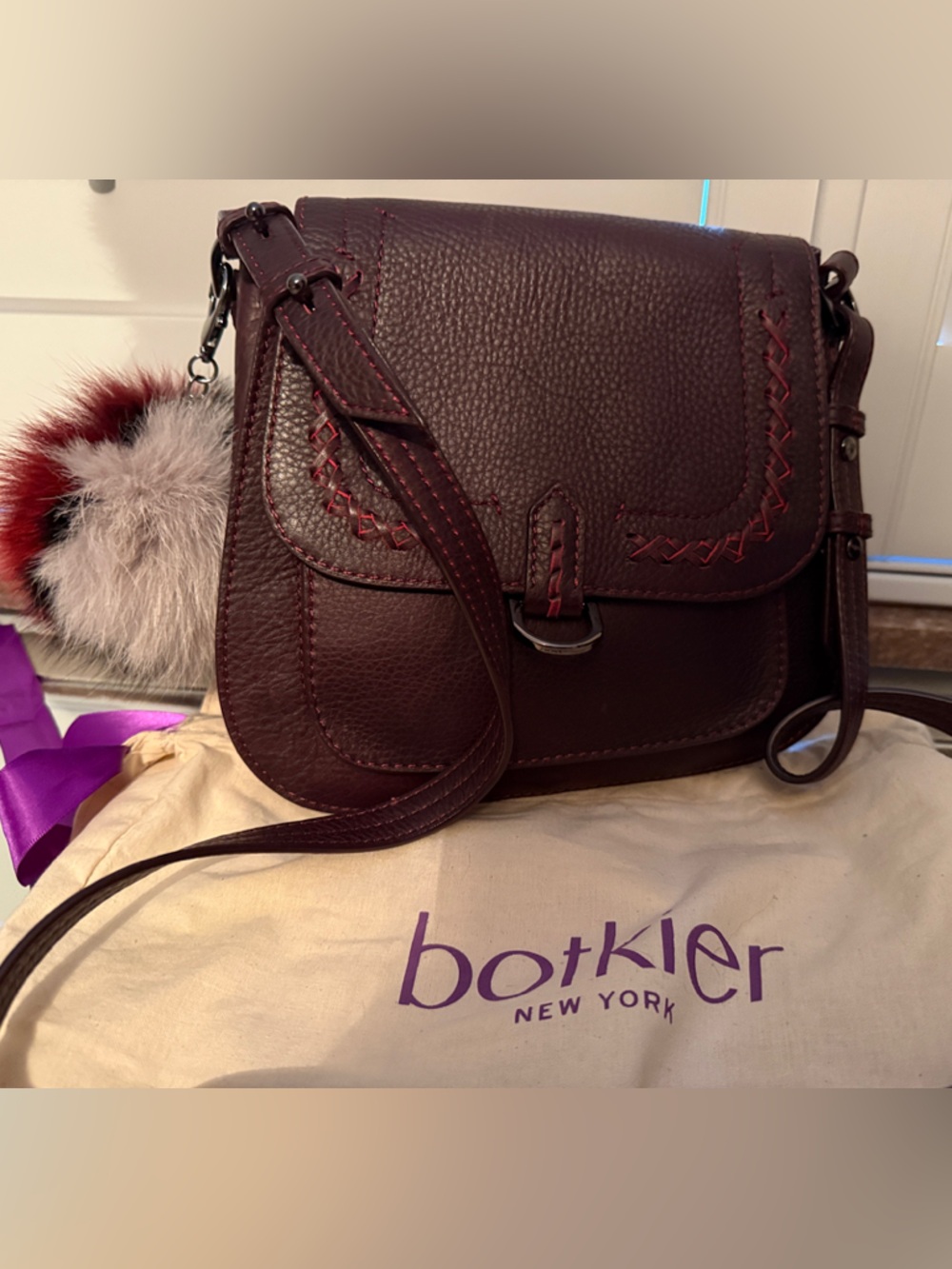 Botkier Grove Flap Burgundy Leather Crossbody Bag with Pom Accent